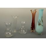 A Trumpet vase, two hyacinth vases, studio glass vases and one other