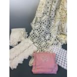 Victorian domestic needlework, including a late Victorian crochet / tatting table cloth, a pink