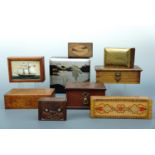 A collection of 19th Century and later wooden boxes, including a Rotorua New Zealand abalone