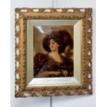 A Victorian crystoleum depicting a young lady in a feathered hat, in gilt slip and frame, 41 x 36