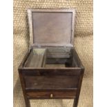 A 1940s oak sewing box / table, 39 cm x 31 cm x 59 cm