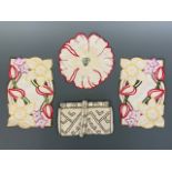 1930s hand-embroidered decorative springtime mats, incorporating stylized daffodils and tulips,