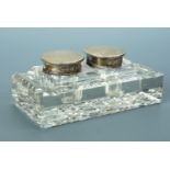 An Edwardian silver-mounted cut glass ink standish with double wells, 11 cm x 6 cm
