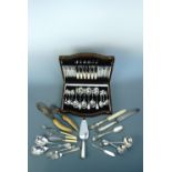A late George V oak canteen of electroplate cutlery together with other Victorian and later cutlery