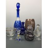 Victorian and later glass including a cobalt blue flashed and cut glass Indian club decanter and a