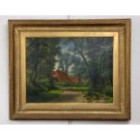 (19th Century) Naive study of a village scene, as viewed down a winding road, to the fore a