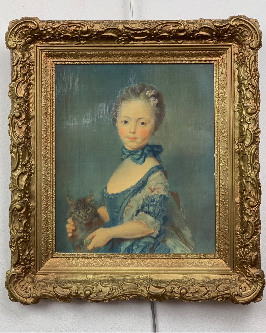 After Jean-Baptiste Perronneau (1715-1783) "A Girl with a Kitten", oleograph, in moulded gilt frame,