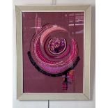 A framed Modernist textile artwork, with applied and hand-stitched cords and threads surrounding a