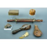 Sundry collectors' items including a vintage surveyor's Rabone steel tape measure, a copper powder
