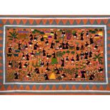 A vintage embroidered wall hanging of Eastern influence, depicting figures and animals within a