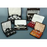 Six cased sets of cutlery including dessert sets, and teaspoons etc