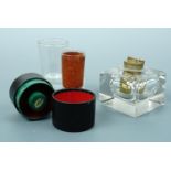 A Victorian leather-cased medicine glass and measure set, together with a glass ink well, (latter