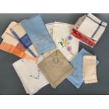 Vintage Art Deco damask and hand-embroidered table cloths, together with a quality of Pickering's