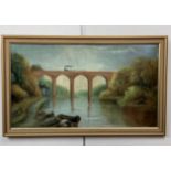 A Victorian naive oil-on-board depiction of a steam railway locomotive crossing Wetheral viaduct, 41