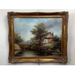 (20th Century) Continental Three landscape views, each depicting a rural idyll, oil on canvas, in