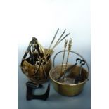 Antique and later metal ware including a brass jam pan, coal helmet, fire implements, sheep shears
