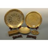 Vintage oriental brass trays, a dish and stand, trivet and box