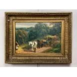 An oleograph based on a 19th Century pastoral scene, in an antique frame, 46 x 60 cm
