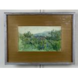 (20th Century) An Impressionist study from the perspective of a verdant hill peppered with blue