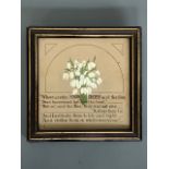 A Victorian pen and ink manuscript memento mori, with central watercolour study of snowdrops, framed