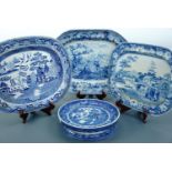 19th Century blue-and-white transfer-printed dishes, including a Bathwell and Goodfellow "Rural
