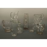 Victorian and later blow, etched and cut glass jugs