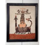 A large batik picture of a stylized African lady in native dress, stretched within a wooden frame,