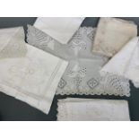 Antique whitework hand-embroidered tea linens, including an Ayrshire type tea table cloth, tray