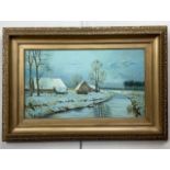 (20th Century) Continental Quiescent winter landscape from the perspective of a river, with