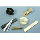 Collectors' items including an antique brass centrepin fishing reel, a brass paperclip, a Lee