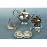 Victorian and later electroplate including a bullet form teapot, sugar scuttle, curling trophy