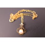 A 9ct gold and pearl pendant necklace, of quatrefoil openwork design with fleur-de-lis suspender, on