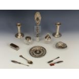 Sundry items of silver and silver-mounted glass including scent and dressing table vessels, a pair