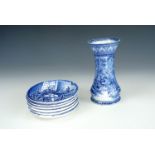 Six 'Enoch Wedgwood' blue and white pin dishes and a Maling Vase, the latter 13 cm