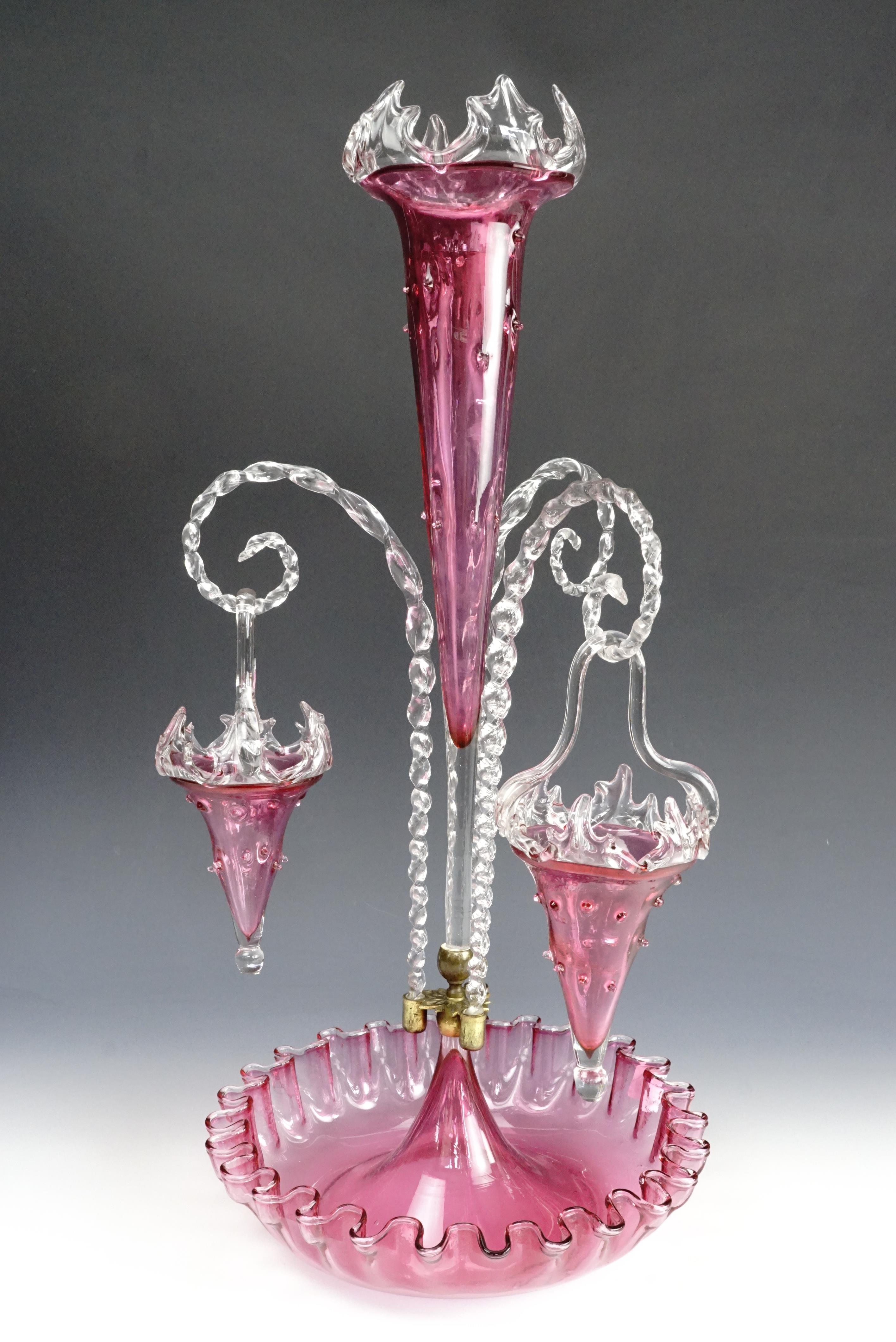 A Victorian pink vaseline glass table centrepiece epergne, 58 cm