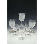 A pair of Victorian frosted glass goblets, one other and three wine glasses, tallest 16.5 cm
