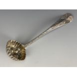 A Georgian silver casting or dredging spoon, with Victorian engraved decoration, marks rubbed,