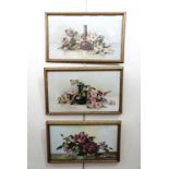 Three Edwardian still life studies painted on porcelain / glass, including a bowl of garden roses in