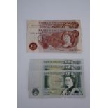 Two Fforde Bank of England ten shilling banknotes and three final-issue £1 notes