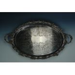 A large and fine Victorian electroplate tea tray, having lattice-reticulated rim with fruiting