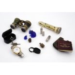 Sundry collectors' items including small blue glass bull dogs, a pocket magnifying glass, Second