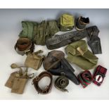 A quantity of military webbing and leather equipment etc including a Luger pistol holster