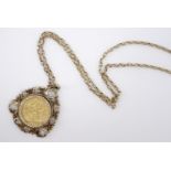 A 1904 Sovereign in 9 ct gold pendant mount on a 9 ct gold fine link neck chain, 18.8 g
