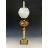 A Victorian brass and alabaster columnar oil lamp, 74 cm
