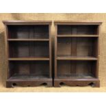 A pair of small string-inlaid mahogany open-fronted bookcases, each having adjustable wooden