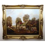 E*** Wood (20th Century) Naive continental view of a country village, with thatched cottages and