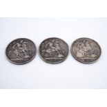 Three Victorian silver crown coins