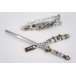 A Chinese cloisonne enamelled paper knife in the form of a sword, together with an electroplate