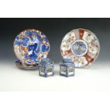 Three 19th Century transfer printed chinoiserie dishes, an Imari dish and two ink bottles, one