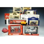 Maisto scale model Honda and Ducati motorbikes, together with other die-cast toy cars etc